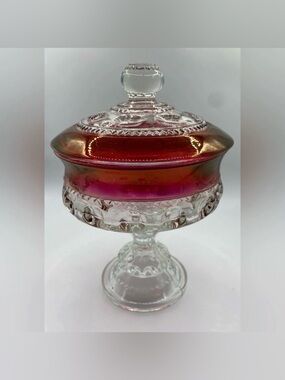 Tiffin-Franciscan Kings Crown Thumbprint Ruby Flashed Lidded Compote Candy Dish